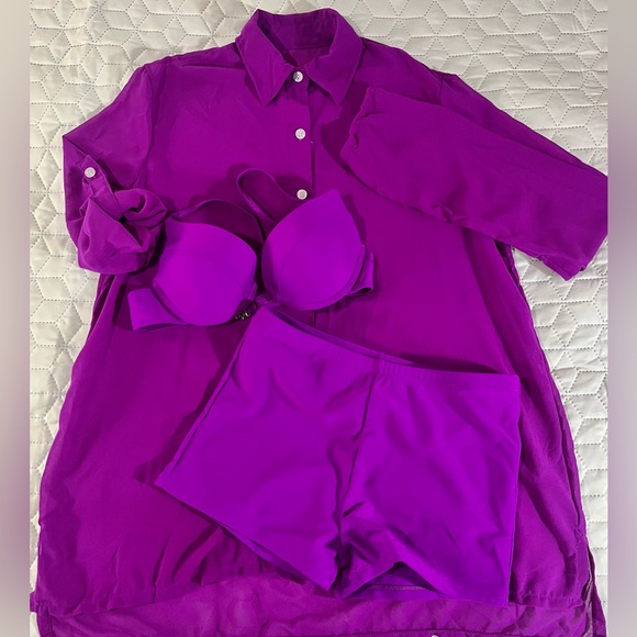 Matte Collection Purple 3 Piece Bikini Set Sheer Cover Up Small - Picture 7 of 14